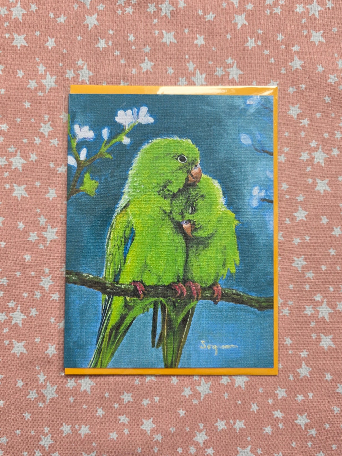 Love green parrots card