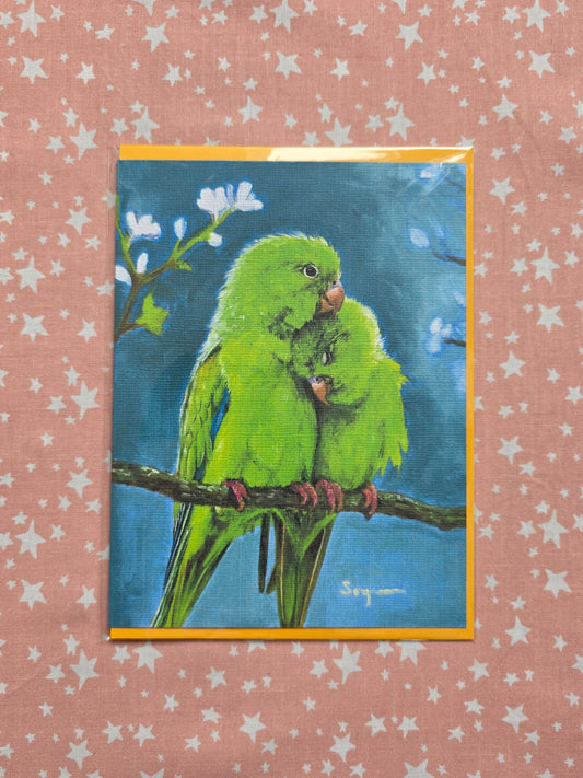 Love green parrots card